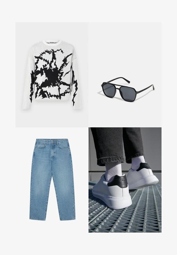 Maglione lavorato a maglia con un motivo astratto nero su sfondo bianco, collo a giro e maniche lunghe. Texture morbida. Etichetta del brand visibile.; Jeans a gamba larga in denim azzurro chiaro con vita alta, dotati di cinque tasche, passanti per cintura e una consistenza morbida e leggermente sbiadita.; Sneakers bianche con tappo del tallone nero che presenta un design a faccina sorridente, materiale in pelle liscia, suola in gomma piatta e dettagli testurizzati.; Occhiali da sole neri con montatura ottagonale, lenti scure, finitura lucida, aste sottili e dettagli dorati sul davanti.