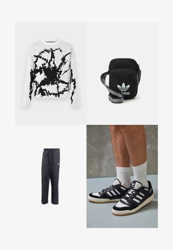 Kötött pulóver, amely fekete absztrakt mintával rendelkezik fehér háttéren, kerek nyakkivágással és hosszú ujjakkal. Puha tapintású. Márkás címke látható.; Fekete sportnadrág leopárdmintával, fehér háromsávos dizájnnal és egy sportmárka logójával az oldalon.; Fekete-fehér tornacipők velúr és bőr felsőrésszel, három fehér csíkkal, perforált orral és gumi talppal.; Fekete anyagú, keresztpántos táska cipzáras záródással, fehér Adidas logóval és csíkos állítható pánttal a könnyű hordozás érdekében.
