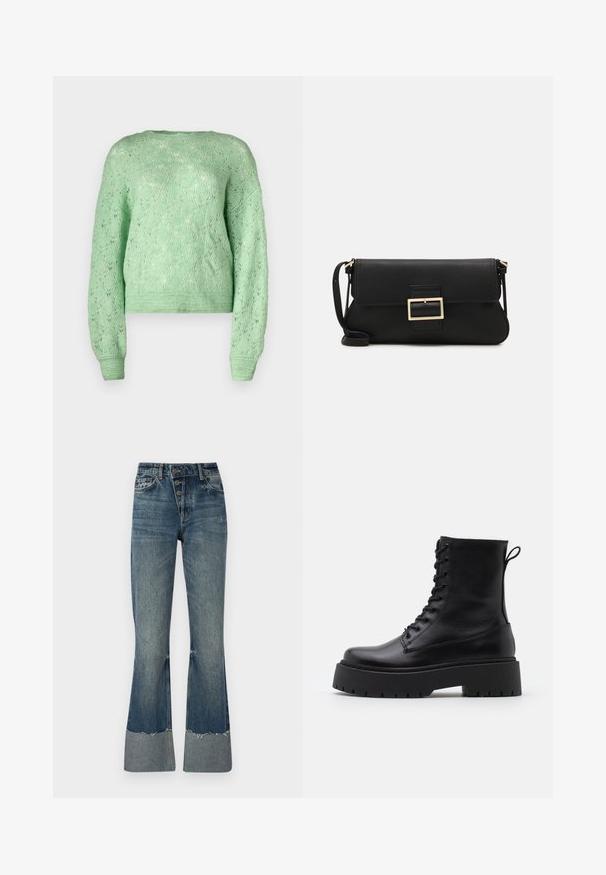 Mėtinės žalios spalvos megztinis, turintis faktūros bangų raštą, ilgomis rankovėmis ir su ribotu apvadu. Lengva ir kvėpuojanti medžiaga.; Tamsaus mėlynumo džinsiniai platėjančių kojų džinsai su aukštu liemeniu, penkiais mygtukais ir nusidėvėjusia apdaila. Apatinėje dalyje turi šviesesnę apyrankę ir nublukusį tekstūrą.; Juodos odinės aulinukės su apvalia nosimi, raišteliais priekyje ir storesniu guminio pado apačioje su tekstūruotu raštu. Priekyje yra kilputė.; Juodas odinis dėkliukas su atvarteliu ir auksinės metalinės sagties detalėmis. Įeina juodas diržas ir elegantiškas, minimalistinis dizainas.