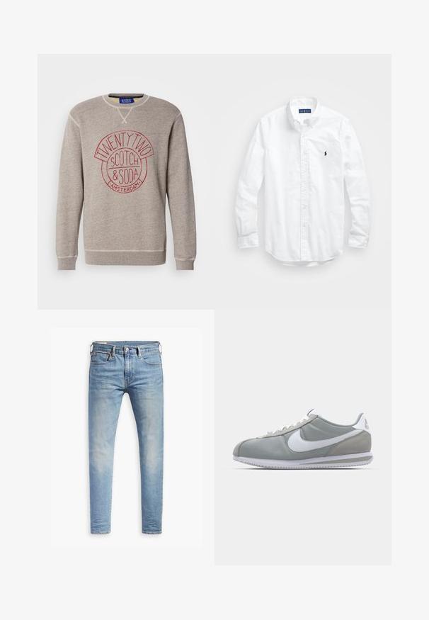 Světle šedá mikina z měkkého materiálu, zdobená kulatým logem v červené barvě s textem "TWENTY TWO SCOTCH & SODA AMSTERDAM." Hladké manžety a lem.; Bílá košile s dlouhým rukávem a knoflíkovým zapínáním vyrobená z bavlny. Má klasický límec, knoflíkové manžety a malé námořnické vyšívané logo na hrudi.; Světle modré slim-fit džíny s mírným vyblednutím na stehnech, zapínání na knoflík vpředu, poutka na opasek a pět kapes na bílém pozadí.; Šedá sportovní bota s svrchní částí z semiše a textilu, bílým logem Nike a bílými tkaničkami. Obsahuje texturovanou gumovou podrážku a polstrovaný límec.