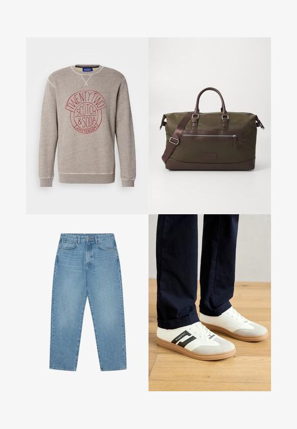 Világosszürke pulóver, puha anyagból készült, piros kör alakú logóval, rajta a "TWENTY TWO SCOTCH & SODA AMSTERDAM" felirattal. Bordázott mandzsetta és alja.; Világoskék farmer széles szárú nadrág magas derékkal, öt zsebből, övhurkokkal és puha, enyhén fakó textúrával.; Fehér és szürke sportcipők fekete csíkokkal, bőrből készültek, gumitalppal és lapos fűzővel. Tengerészkék nadrággal viselik egy fa padlón.; Olíva zöld vászon sporttáska barna bőr kiegészítőkkel, dupla fogantyúval, levehető vállpánttal és elülső cipzáras zsebbel.