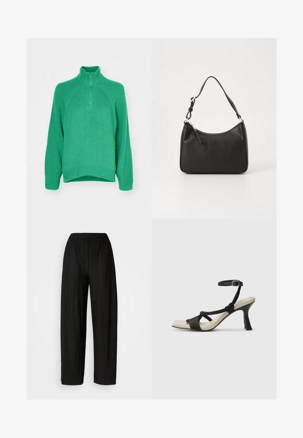 Sweater de malha verde com gola alta, fecho de zip de um quarto e padrões texturizados, com punhos canelados. Corte solto com uma orla ligeiramente curva.; Calças largas de pregas pretas com uma cintura elástica. O tecido apresenta pregas verticais e uma textura suave.; Sandal com salto alto preto e design de tiras trançadas, bico quadrado e tira de tornozelo ajustável. Sola em tom bege claro com um salto preto brilhante.; Mala de mão em couro preto com formato curvo, uma alça, fecho em zip e uma marcação discreta na frente. Textura suave, design minimalista.