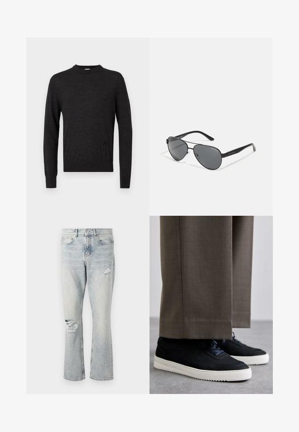Črna dolgoročna majica s kovinskim ovratnikom, izdelana iz gladkega materiala, z diskretnim logotipom na strani in prilegajočo silhueto.; Svijetloplavi traperici s visokim strukom, ravnim nogavicama i izguženim detaljima na desnom bedru i lijevom koljenu.; Črne nubuk teniske z belimi gumijastimi podplati, ki imajo zaobljen nos in vezalke, oblečene z sivimi krojenimi hlačami.; Črne aviatorske sončna očala s temnimi lečami, tankim kovinskim okvirjem in vitkimi plastičnimi ročaji z logotipnimi detajli.