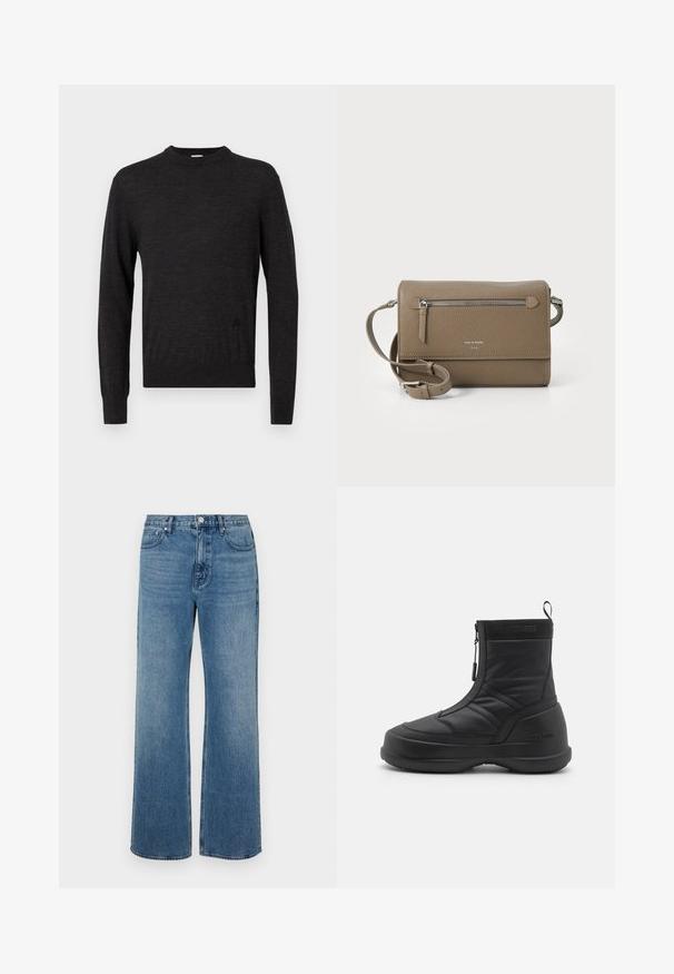 Musta, pitkähihainen neule, jossa on pyöreä kaula-aukko, valmistettu sileästä materiaalista. Neuleessa on huomaamaton logo sivussa ja se on tiukka malli.; Levelederg blå jeans laget av denim med en falmet finish. Har fem lommer, glidelås foran og rett snitt.; Musta vedenpitävä lumikenki, jossa on sileä synteettinen päällinen, vetoketjukiinnitys, pehmustettu kaulus ja teksturoitu kumipohja. Varustettu "MOON BOOT" -brändillä.; Harmaa nahkainen olkalaukku, jossa on vetoketjulla varustettu etutasku, säädettävä hihna, kivi- tai rosoinen pinta ja kohokuvioitu logo edessä.