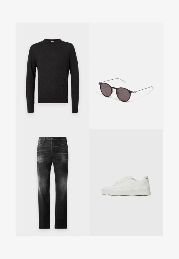 Musta, pitkähihainen neule, jossa on pyöreä kaula-aukko, valmistettu sileästä materiaalista. Neuleessa on huomaamaton logo sivussa ja se on tiukka malli.; Mustat denimfarkut suoralla istuvuudella. Ominaisuuksiin kuuluu haalistuneita alueita, pieniä kulumia, klassinen viiden taskun malli sekä nappisulku.; Valkoinen nahkakenkä, jossa on sileä pinta, pyöreä kärki, tasaiset nauhat ja teksturoitu pohja. Sisältää huomaamattoman logon kantapäässä.; Musta pyöreä aurinkolasit tummilla linsseillä ja kapeilla metallikehyksillä. Sisältää kirkkaat temppelet ja hopeiset yksityiskohdat saranassa. Minimalistinen muotoilu.