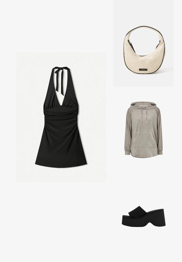 Lichtgrijze hoodie van zacht, textuurstof, met een voorvak, trekkoorden en lange raglanmouwen.; Zwarte halterjurk met een diep uitgesneden decolleté, gerimpelde body en een strik bij de hals. De stof is soepel en licht glanzend.; Zwarte platform slipper met een dikke, afgeronde zool en brede band. Soepele textuur, minimalistisch ontwerp en gevormde schaduw voor stabiliteit.; Beige geweven schoudertas met een gebogen vorm en zwarte accenten. Voorzien van een ritsafsluiting aan de bovenkant en een logopatch aan de voorkant.