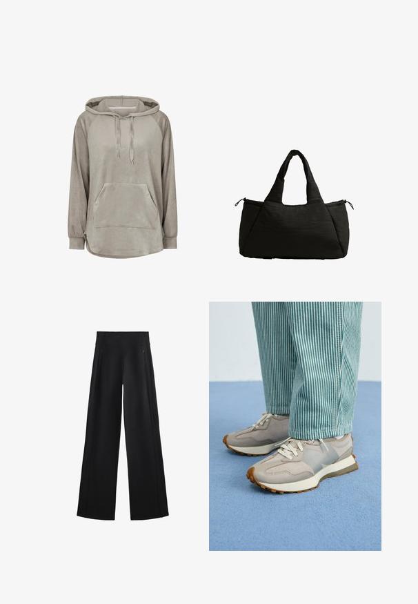 Světle šedá mikina s kapucí vyrobená z měkké, strukturované látky, která má přední kapsu, šňůrky na stažení a dlouhé raglánové rukávy.; Široké černé kalhoty z měkké tkaniny, s vysokým pasem a dvěma kapsami na zip, s jemnými švy po stranách.; Šedé tenisky se semišovými a síťovanými panely, bílé tkaničky a texturovaná podešev. Kombinované s kalhotami s modrozelenými pruhy. Modrý texturovaný pozadí.; Černá taška přes rameno s nadýchanou texturou, vybavená dvěma krátkými uchy a boční kapsou uzavřenou šňůrkou. Jednoduchý, úhlový design.