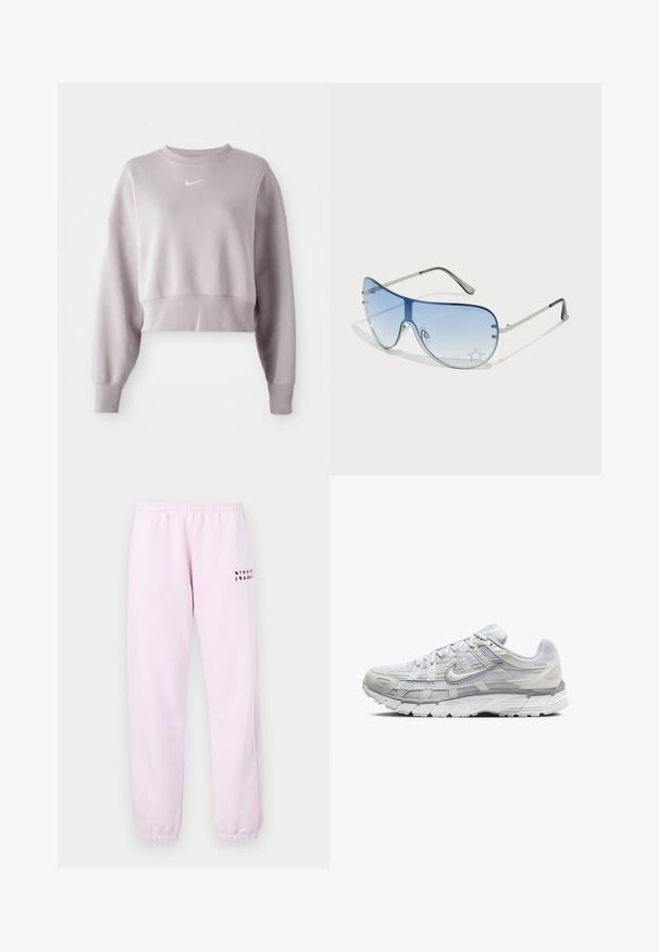 Zkrácená, světle levandulová mikina s dlouhými rukávy, žebrovanými manžetami a malým bílým logem Nike na hrudi. Měkká textilní struktura.; Růžové tepláky s elastickým pasem, manžetami na kotnících a malým potištěným logem na přední straně. Hladký textilní materiál, uvolněný styl.; Světle šedé sportovní boty s vrchní částí z síťoviny a syntetického materiálu, vybavené šněrováním, polstrovaným límcem a texturovanou podrážkou pro lepší přilnavost.; Pilotské sluneční brýle s modrými gradientními skly, stříbrným kovovým rámem a dekorativními hvězdnými akcenty na sklech. Hladký a elegantní design.