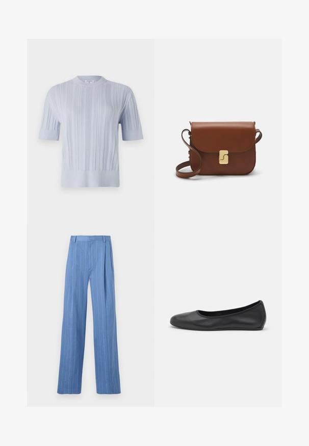Top tricotat scurt, de culoare albastru deschis, cu mâneci scurte, prezentând o textură ribbed verticală și un decolteu rotund. Țesătura are detalii subtile cu un tiv ajustat.; Pantaloni largi de culoare bleu deschis, cu dungi verticale albe. Confectionați dintr-un material neted, cu pliuri frontale și un design curat al taliei.; Balerini din piele neagră, cu vârf rotund, textură netedă, detalii de cusătură minimale și un design al tălpii flexibil.; Geantă de piele maro cu închidere tip capac, accesorii de culoare aurie, curea de umăr și o textură netedă. Formă compactă și rectangulară.