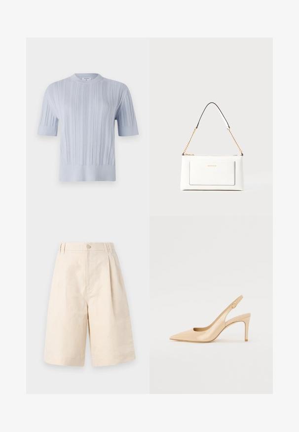 Light blue short-sleeved knit top featuring vertical ribbed texture and a crew neckline. The fabric shows subtle detailing with a fitted hem.; Beige linen shorts with a relaxed fit, featuring a button closure, pleated design, and knee-length cut. Smooth texture and simple style.; Nude patent leather slingback heel with a pointed toe, open vamp, and a thin stiletto heel. Features a circular gold accent on the strap.; White leather handbag with a textured finish, featuring a gold chain strap and black accents. Includes a front pocket and zipper closure.