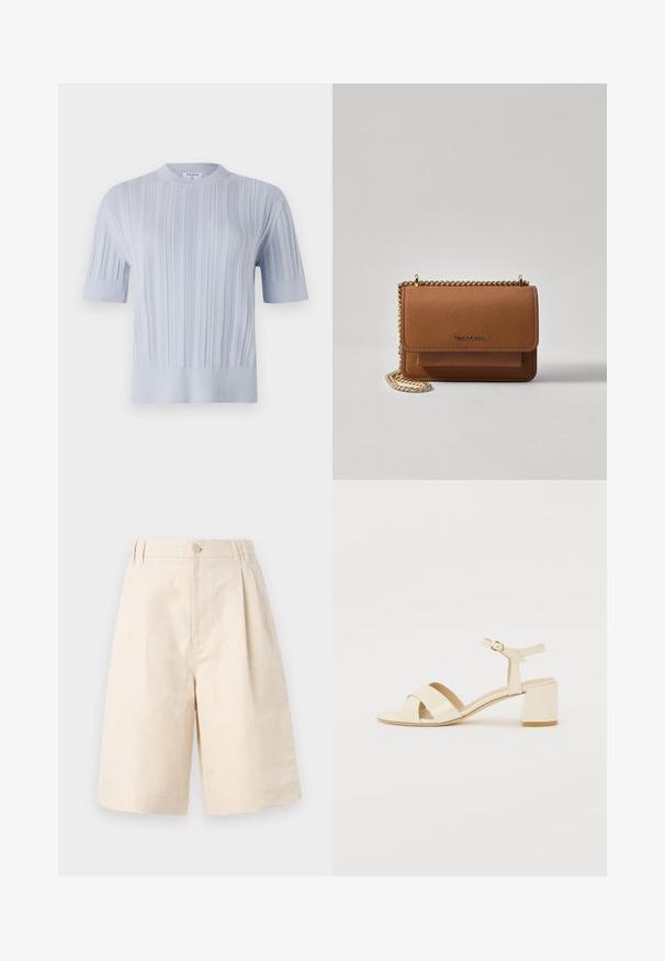 Lichtblauw, kort mouwend, gebreid topje met verticale ribbelstructuur en een ronde halslijn. De stof vertoont subtiele details met een fitted zoom.; Beige linnen shorts met een relaxte pasvorm, voorzien van een knoopsluiting, geplooid ontwerp en knie-lange snit. Glad textuur en eenvoudig stijl.; Beige gepolijst lederen sandalen met hakken, voorzien van een kruisbandontwerp, open teen, verstelbare enkelband en een blokhak. Gladde textuur.; Bruine lederen schoudertas met textuur, voorzien van een gouden kettingstrap en klepsluiting. De voorkant heeft een logo-detail en een zak onder de klep.