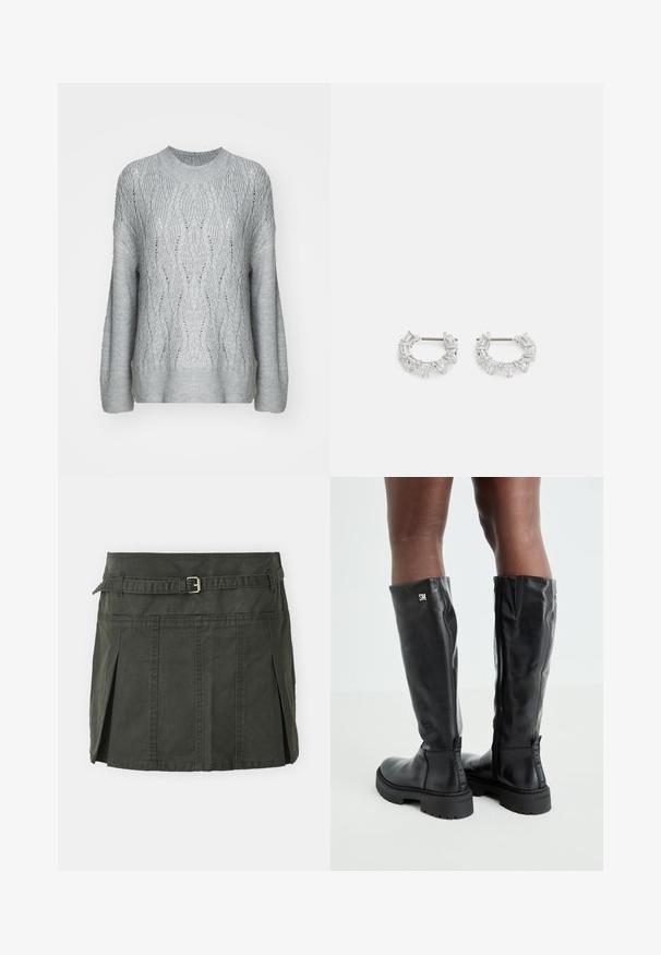 Light gray knitted sweater featuring a wave pattern, rounded neckline, and long sleeves with a ribbed hem and cuffs.; Dark green, cotton mini skirt with a fitted waist, a belt, and front pleats. Features stitching details and a classic cut.; Black knee-high leather boots with a smooth texture, rounded toe, chunky sole, and zipper closure. Features silver logo on the side.; Silver hoop earrings featuring clear, rectangular and triangular crystals arranged in a patterned design. Posts for secure fastening.