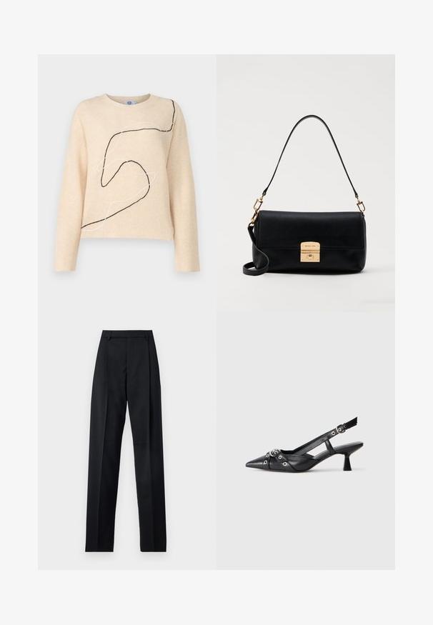 Beżowy sweter dziany o luźnym kroju, z czarno-białym, abstrakcyjnym haftem linii z przodu oraz ściągaczami przy mankietach i u dołu.; Czarne spodnie wykonane z gładkiego materiału, z wysokim stanem, szerokimi nogawkami, fałdami z przodu i klasycznymi szlufkami na pasek. Brak widocznych kieszeni bocznych.; Czarne skórzane buty typu slingback z ostrym noskiem, ozdobnymi paskami z metalowymi oczkami oraz niskim klinowym obcasem. Teksturowana powierzchnia.; Czarna skórzana torebka o płaskim, prostokątnym kształcie, z złotymi elementami wykończenia i górnym uchwytem. Posiada zapięcie na klamrę oraz charakterystyczny detal z logo.