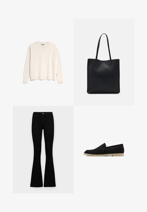 Helle beige Langarmpullover mit Rundhalsausschnitt, gerippten Bündchen und Saum. Aus weichem Stoff mit lockerer Passform hergestellt. Etikett an der Seite sichtbar.; Schwarze hochtaillierte Jeans mit einem Knopf- und Reißverschluss, Fronttaschen und ausgestellten Beinen, flach auf einem weißen Hintergrund ausgelegt.; Schwarze Wildleder Slipper mit einer flachen beigen Sohle, mit gesticktem Design und einem eleganten Slip-On-Stil, geeignet für die Freizeit.; Schwarze Laptoptasche aus Leder mit glatter Textur, rechteckiger Form und zwei langen Griffen. Keine sichtbaren Beschläge oder Verzierungen.