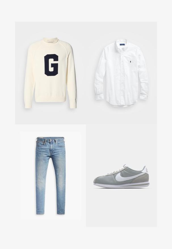 Cremfarbener Pullover aus Strickstoff mit einem navyblauen 'G'-Logodesign. Er hat einen runden Halsausschnitt sowie gerippte Bündchen und einen gerippten Saum.; Weißes Langarm-Hemd aus Baumwolle mit Knopfleiste. Es zeichnet sich durch einen klassischen Kragen, Knopfmanschetten und ein kleines, navyblaues gesticktes Logo auf der Brust aus.; Hellblaue Slim-Fit-Jeans mit leichtem Verblassen an den Oberschenkeln, vorderem Knopfverschluss, Gürtelschlaufen und Fünf-Taschen-Stil auf einem weißen Hintergrund.; Graue Sportausstattung mit einem Obermaterial aus Wildleder und Textil, weißem Nike-Swoosh und weißen Schnürsenkeln. Verfügt über eine strukturierte Gummisohle und einen gepolsterten Kragen.