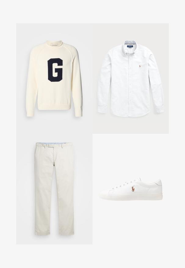Suéter crema elaborado en tejido de punto con un diseño del logo 'G' en color azul marino. Tiene un cuello redondo y puños y dobladillo acanalados.; Camisa blanca de manga larga con botones, hecha de algodón. Presenta un cuello spread, cierre de botones y un pequeño logo bordado en el pecho.; Chinos de algodón color beige con frente plano, presillas para cinturón y bolsillos laterales. Diseño de pierna recta con una textura suave y una sensación ligera y transpirable.; Zapatillas de cuero blancas, diseño de corte bajo, con una textura suave, puntera redonda, cordones en la parte delantera y un pequeño logo bordado en el lateral.