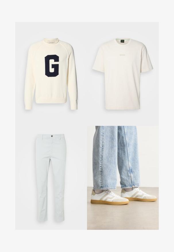 Pull crème en tricot avec un logo 'G' bleu marine. Il a un col rond ainsi que des poignets et un ourlet côtelés.; BOSS TEE - T-shirt basique - open white; Pantalons en coton vert clair avec une coupe droite, dotés d'une fermeture à bouton à l'avant et de poches latérales. Texture lisse, sans motifs visibles.; Baskets blanches avec des accentuations en daim beige et des semelles en caoutchouc clair ; présente un design low-top et des détails texturés sur la tige.