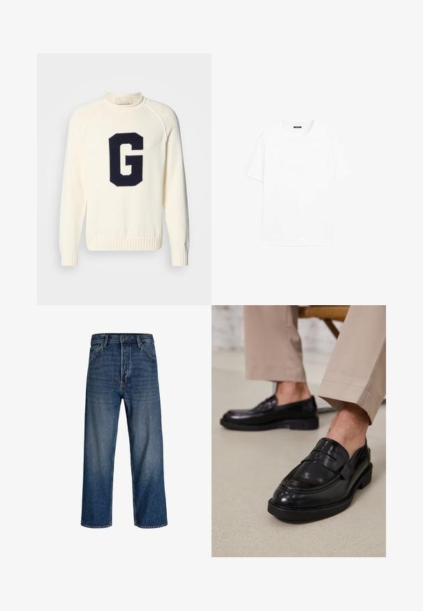 Krämfärgad tröja i stickad kvalitet med en marinblå 'G' logotypdesign. Den har rund hals och ribbade muddar och nederkant.; Vit bomull t-shirt med kort ärm, rund halsringning och rak skärning. Slät textur utan synliga mönster eller detaljer.; Jeans i denim med rak bendesign, mörkblå färg och subtila blekningar. Har fem fickor och knäppning med knapp.; Svarta läder loafers med en slät finish, prydda med en dekorativ rem och kontrastsöm, tillsammans med beiga byxor.