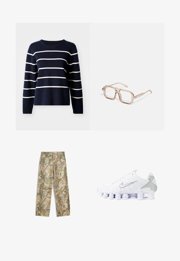 Dunkelblauer Pullover aus weichem Material, mit horizontalen weißen Streifen, rundem Ausschnitt und langen Ärmeln. Gerader Saum ohne Verzierungen.; Tarnhosen mit einem mehrfarbigen grünen und braunen Blättermuster, ausgestattet mit einem klassischen Fünf-Taschen-Design und einem lockeren Schnitt.; Weiße Sportschuhe mit einem oberen Teil aus Mesh, silbernen Akzenten und einem einzigartigen Spiralsohlendesign. Verfügt über einen gepolsterten Schaft und eine Schnürung für optimalen Halt.; Transparente hexagonale Brillen mit hellbraunen Farbtönen; dicke, klare Fassungen und schlanke Bügel; keine sichtbaren Logos oder Muster.; Blaues Denim-Tasche mit einer gepolsterten, runden Form und einem gebogenen Griff. Die Textur ist weich, mit sichtbaren Nähten und einer glatten Oberfläche.