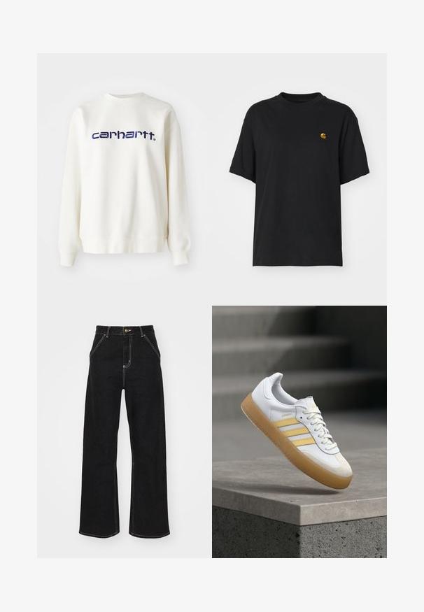 Sweatshirt blanc en coton avec manches longues et poignets côtelés, arborant le logo "carhartt" en bleu marine sur la poitrine.; T-shirt en coton noir à coupe décontractée. Présente un col rond et des manches courtes. Comprend un petit logo doré brodé sur la poitrine.; Jean large noir en denim, avec des coutures blanches contrastantes et une fermeture à bouton à l'avant, ainsi que deux poches avant en biais.; Baskets en cuir blanc avec des accents jaunes, trois bandes, et une semelle en caoutchouc gomme. Dotées d'un bout arrondi et d'une languette texturée.