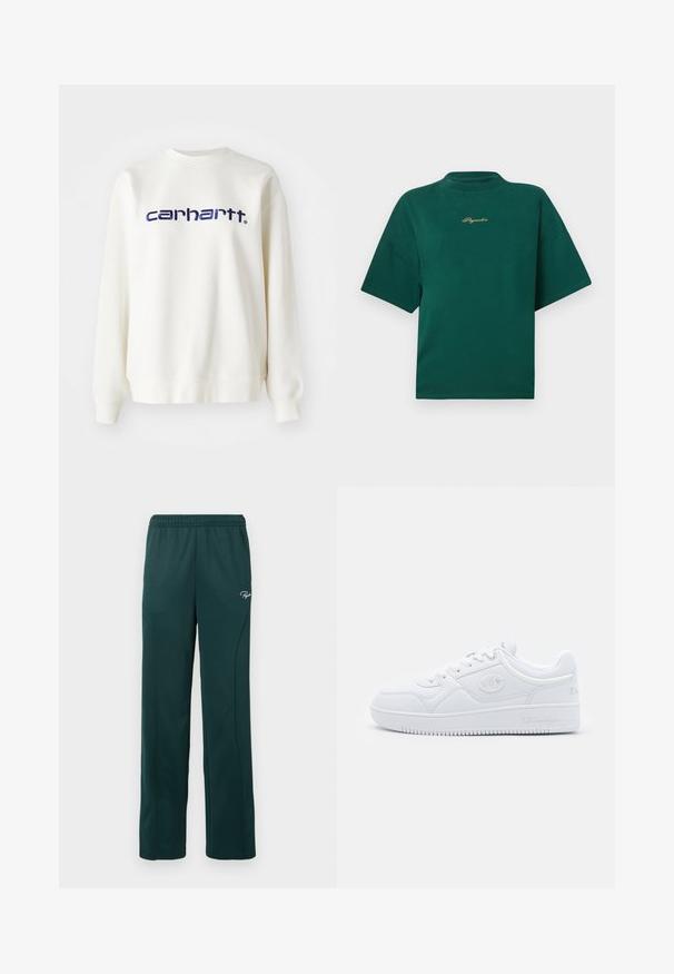 Biela bavlnená mikina s dlhými rukávmi a rebrovanými manžetami, s logom "carhartt" v námořníckej modrej farbe na hrudi.; Zelené bavlnené tričko s vysokým golierom, krátkymi rukávmi a vyšívaným zlatým logom na hrudi. Jednoduchý, štvorcový dizajn.; Tmavozelené tepláky vyrobené z mäkkej tkaniny, vybavené elastickým pásom a bočnými švami, s malým logom na prednej strane.; Biele tenisky vyrobené z hladkého syntetického materiálu, s okrúlou špičkou, plochou podrážkou a jemnými logovými detailmi po stranách. Klasický nízky strih.