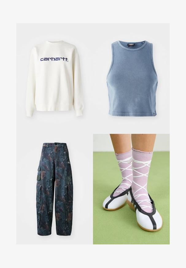 Hvid bomulds sweatshirts med lange ærmer og ribbede manchetter, udstyret med "carhartt" logo i marineblå over brystet.; Lyseblå ribbet crop top med rund udskæring og ærmeløst design. Glat tekstur og en lille logo detalje ved kanten.; Camo cargo bukser i mørkegrøn og brun, med flere lommer og en løs pasform, lavet af letvægtigt, holdbart stof.; Hvide flade sko med sort trim og sål, parret med lyse lilla ribbede sokker med hvide krydsseler. Sat mod en grøn baggrund.