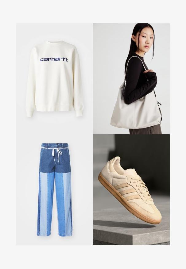 Fehér pamut pulóver hosszú ujjal és bordás mandzsettával, a mellkason kék-nagykék "carhartt" logóval.; Kék farmernadrág, foltvarrásos dizájnnal, különböző árnyalatú kékekből, húzózsinóros derékkal és laza, egyenes szabású lábakkal.; Világos bézs velúr sportcipő, gumitalppal, három átlós csíkkal és texturált orral. A díszítés a nyelven és az oldalon található.; Puha anyagból készült bézs kézitáska, laza dizájnnal, varrott részletekkel és két vállpánttal. Mindennapi használatra alkalmas.