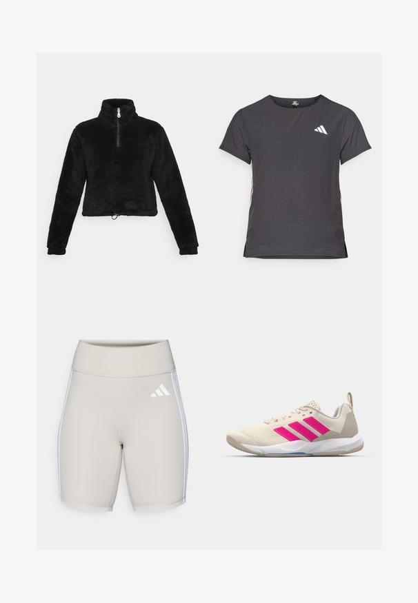Schwarzer Fleece-Pullover mit hohem Kragen, halbem Reißverschluss und verstellbarem Saum. Verfügt über eine weiche, strukturierte Oberfläche und lange Ärmel.; Kurze Ärmel Sport-T-Shirt, dunkelgrau mit durchbrochener Textur. Enthält ein weißes Logo und kontrastierende Seitenstreifen. Runder Ausschnitt.; Beige Sportshorts mit hohem Bund, glatter Textur, drei weißen Streifen an den Seiten und einem kleinen weißen Logo auf der Vorderseite.; Beige Sportsschuh mit pinkem Dreistreifen-Logo, strukturiertem Mesh-Obermaterial, gepolstertem Schaft und weißer Gummisohle, mit "LIGHTSTRIKE"-Branding.