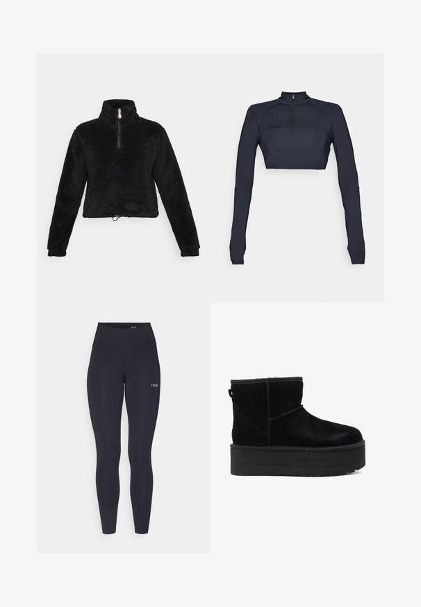 Melnas vilnas džemperis ar augstu apkakli, pusē iepakojums un regulējama apakšmala. Tam ir mīksta, teksturēta virsma un garas piedurknes.; Tumši zils garām piedurknēm kruīza tops ar uzruna kakla izgriezumu un ceturtdaļas rāvējslēdzēju, ar teksturētām plecu paneļiem un pieguļošu siluetu.; Melnas legingi ar augstu jostu, izgatavoti no elastīga auduma, ar nelielu baltu logo uz augšstilba un gludu tekstūru.; Melni zamšas potītes zābaki ar biezu platformas zoli un mīkstu oderi. Pabeigti ar šuvju akcentiem un aizmugurējo cilpu vieglai uzvilkšanai.
