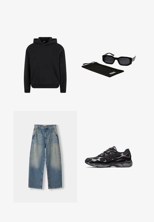 Černá mikina s kapucí vyrobená z měkké tkaniny, se přední klokaní kapsou, žebrovanými manžetami a stahovací kapucí. Klasický a univerzální design.; Svetle modré denimové kalhoty s širokými nohavicemi a vybledlým povrchem, designem pěti kapes a nezpracovaným lemem. Obsahují přední zapínání na knoflík a zip.; Černá atletická bota s vrchní částí z mesh a semiše, která má strukturovaný design a robustní, polstrovanou šedou podrážku.; Černé sluneční brýle s ostrými, přehnanými rámy a tmavými čočkami, doplněné černým mikrovláknovým pouzdrem s logem.