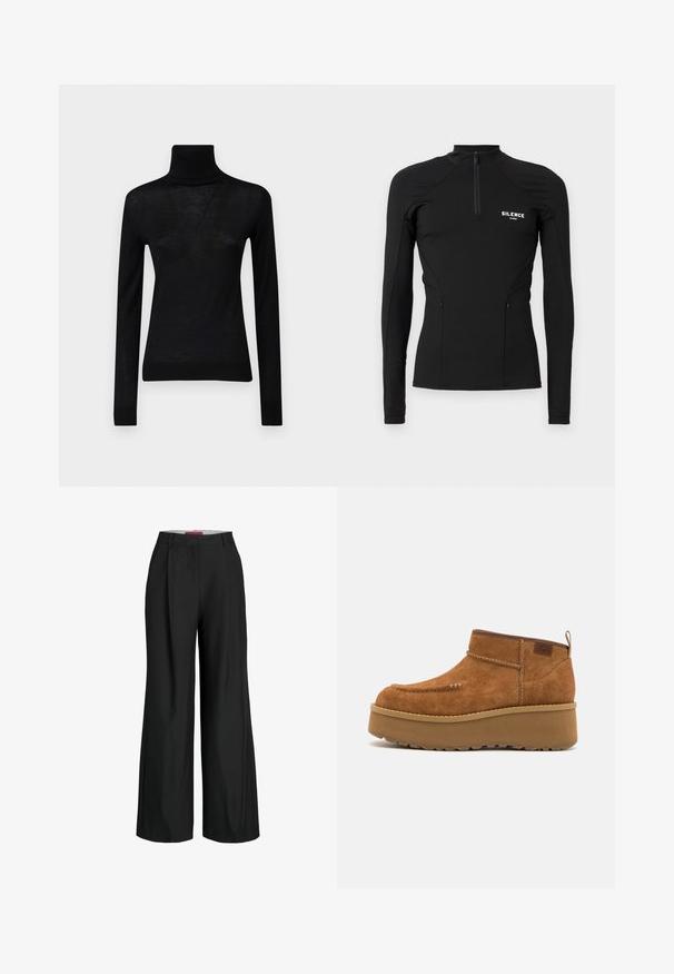 Paul & Joe Pullover - noir; Haut de sport noir à manches longues en matériau extensible, avec un col zippé sur un quart, des poches latérales et le logo "SILENCE" sur la poitrine.; Pantalons larges noirs au design impeccable, dotés de plis et d'une texture de tissu lisse. Lignes épurées sans matériel ou accents visibles.; Bottines en suède marron avec un embout arrondi, une semelle compensée et un détail cousu. Elles sont dotées d'une languette à l'arrière pour un enfilage facile.