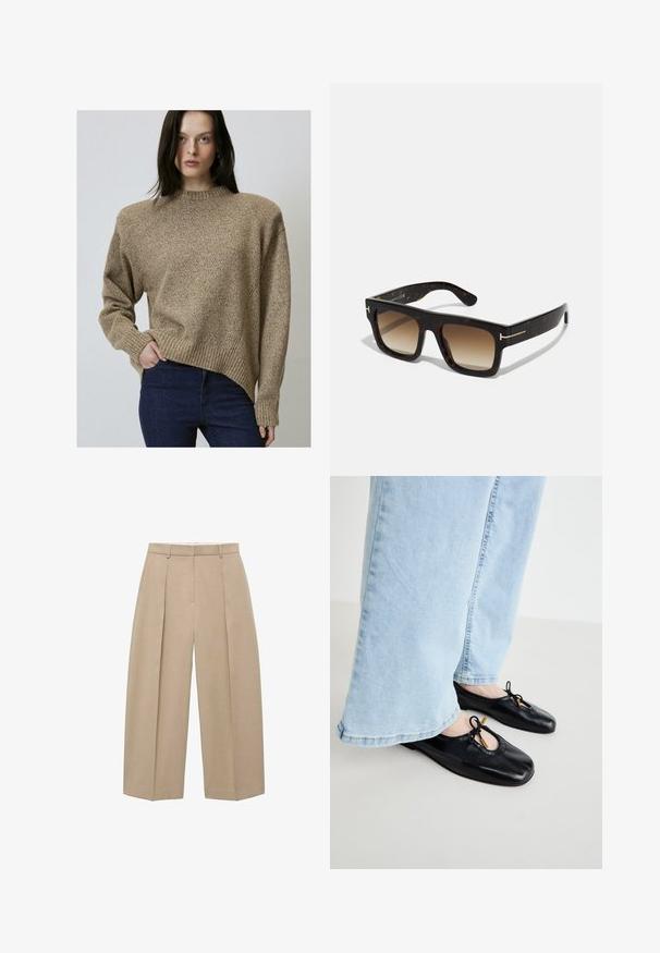 Beige textured sweater with a high neckline, ribbed cuffs and hem, and a slightly asymmetrical cut. Paired with dark blue jeans.; Beige, wide-leg trousers hanging vertically, featuring front pleats and a flat waistband, showcasing a neutral and elegant style.; Black leather ballet flats with a rounded toe, featuring a cutout and bow detail, worn with light blue wide-leg jeans.; Tortoiseshell sunglasses with a square frame, gradient brown lenses, and subtle gold hardware accents on the temples.