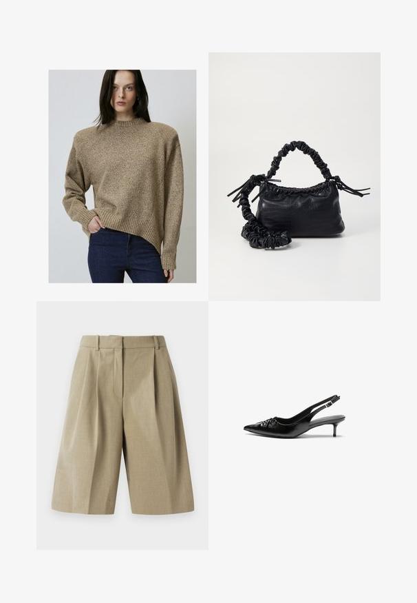 Beige struktureret sweater med høy krave, ribbede manchetter og kant, samt en lidt asymmetrisk skæring. Sammen med mørkeblå jeans.; Beige skræddersyede shorts med en plisseret design, lavet af et let materiale. Har en talje og dybe forlommer.; Sorte læderslippers med spidse tæer, lille kitten hæl og en dekorativ knude detalje foran. Glat tekstur hele vejen rundt.; Sort kunstlæder håndtaske med krokodilteksur, indsnøret top og en sammenkrøben rem. Ser blød og kompakt ud i designet.