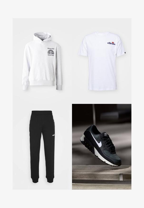 Pilkas džemperis su priekiu kišene, gumuotomis rankovėmis ir apvadu. Ant kairiojo šono turi spausdintą prekių ženklą ir grafikos logotipą. Pagamintas iš minkštos medžiagos.; Balta medvilninė marškinėliai su trumpomis rankovėmis, kuriose kairėje krūtinės pusėje yra tamsiai mėlyna siuvinėta emblema ir ryški spalvų akcentas virš emblemos.; Juodos sportinės kelnės, pagamintos iš minkštos medžiagos, turi siaurėjančius kojų šonus, elastinę juostą, šonines kišenes su užtrauktukais ir mažą logotipo akcentą.; Juoda ir žalia sportinė avalynė su raštuotu tinklu viršuje, balta Swoosh logotipas, paminkštinta apykaklė ir matoma oro pagalvė pado viduje.