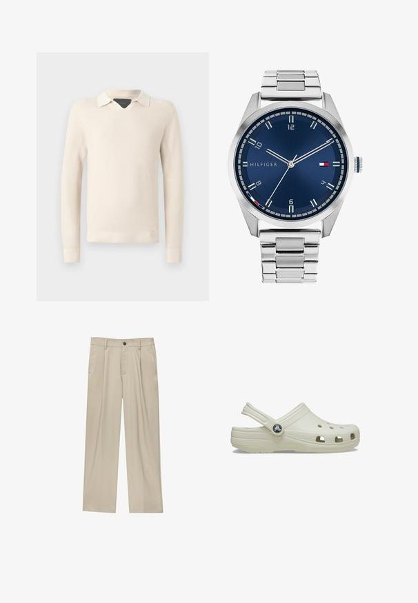 Strickpullover in hellem Beige mit einem kontrastierenden weißen Kragen, strukturiertem Muster sowie gerippten Bündchen und Saum.; Beige Hosen mit geradem Schnitt, ausgestattet mit einem einzelnen schwarzen Knopf, Gürtelschlaufen und Seitentaschen. Glatte Stofftextur und minimalistisches Design.; Cremfarbener Gummischuh mit Rückenriegel, Belüftungsöffnungen, texturiertem Obermaterial und erhöhten Kanten. Verfügt über ein rundes Logo-Element an der Seite.; Silberne Metall-Uhr mit einem gebürsteten blauen Zifferblatt, weißen Stundenmarkierungen und einem Datumsanzeiger. Verfügt über ein verlinktes Metallarmband und ein Markenlogo.