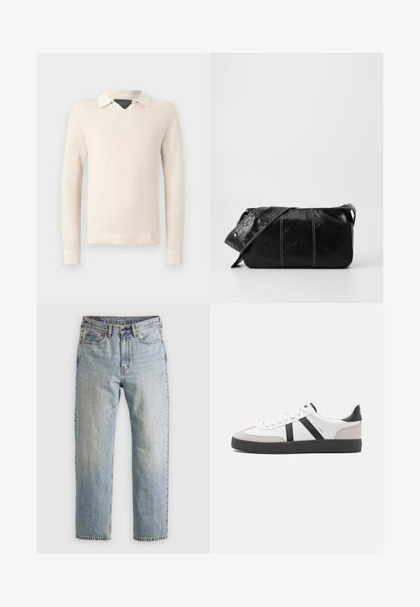 Pletený svetr v světle béžové barvě s kontrastním bílým límcem, se strukturou vzoru a žebrovanými manžetami a lemem.; Svetle modré džíny z denimu s vysokým pasem, předním knoflíkem, zipem a designem s pěti kapsami, ležící rovně na neutrálním pozadí.; Bílé tenisky s černými a šedými akcenty, opatřené texturovaným šedým prstovým krytem, černou gumovou podrážkou a plochými bílými tkaničkami. Čistý design, minimalistický styl.; Černá kožená kabelka přes rameno se zapínáním na zip, s texturovaným tělem, bílým prošíváním a popruhem se stříbrnými očky.