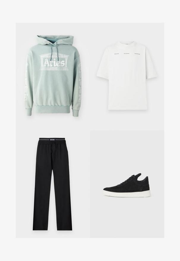 Sudadera verde menta hecha de algodón, con un estampado frontal de "Aries" con detalles arquitectónicos y texto en las mangas en blanco.; Camiseta blanca de algodón con un corte relajado, escote redondo, mangas cortas y etiquetas de texto en negro. Sin patrones ni gráficos.; Pantalones negros con un corte relajado, cinturilla elástica, cordón ajustable y bolsillos laterales. Fabricados en una tela suave sin patrones.; Zapatilla de ante negra con suela de goma blanca, que presenta costuras en el mismo tono y un diseño de cordones. Textura suave con una forma moderna y aerodinámica.