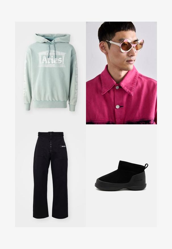 Mintgroene hoodie van katoen, met een voorprint van "Aries" met architectonische details, en tekst langs de mouwen in het wit.; Zwarte, wijde cargobroek met een rits- en klittenbandsluiting, voorzien van twee voorzakken en een zijzak met een rechthoekig hardwaredetail.; Zwarte enkellaarsjes met een gladde suède bovenkant en rubberen zool, met een minimalistisch ontwerp en een treklus aan de achterkant voor eenvoudig aan- en uittrekken.; Witte en roze oversized zonnebril met een gebogen montuur, voorzien van bruin getinte lenzen. Het model draagt een roze denimjack met een kraag.