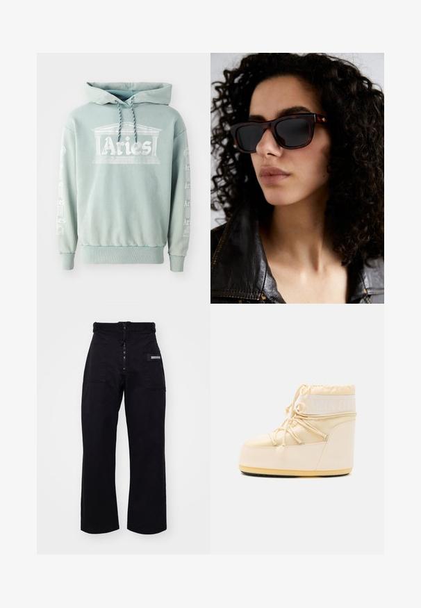 Piparmētru zaļa kapuce, izgatavota no kokvilnas, ar priekšpusi, kurā ir izdrukāts "Auns" ar arhitektūras elementiem, un baltiem uzrakstiem gar piedurknēm.; Melni, platīgi kravas bikses ar rāvējslēdzēju un Velcro aizdari, kas aprīkotas ar divām priekšējām kabatām un sānu kabatu ar taisnstūra detaļu.; Gaišs beigu mēness zābaks ar noapaļotu purngalu, aukliņas aizdari un teksturētu gumijas zoli. Tam ir balts zīmols un gluda sintētiska materiāla virsma.; Tortīzāļu saulesbrilles ar tumšiem stikliem, taisnstūra formā, ar zelta akcentiem uz tempļiem. Valkātas kopā ar melnu ādas jaku.