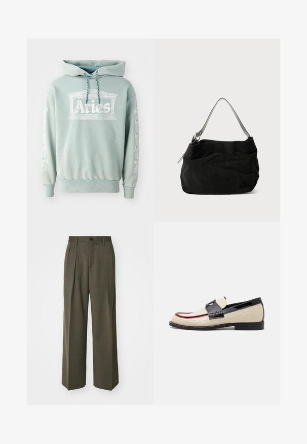 Mint green hoodie made of cotton, featuring a front print of "Aries" with architectural details, and text along the sleeves in white.; Filippa K WIDE TROUSERS - Trousers - driftwood; Beige loafers with embossed pattern, red accent stripe, and glossy black heel. Features a strap with buckle detail. Flat black sole.; Black suede bag with a soft, slouchy design. Features a thin, smooth leather shoulder strap and subtle stitching details.