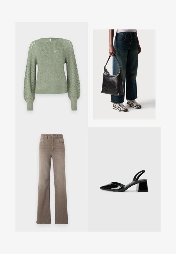 Suéter de malha verde-claro com um decote e barra canelados. Apresenta mangas em balão texturizadas com padrões semelhantes a rendas e detalhes em diamante.; Jeans castanhos de cintura alta, de perna reta, com botão frontal, passantes para cinto e design clássico de cinco bolsos em fundo branco.; Sandy em verniz preto com salto slingback, ponta afilada e salto geométrico. Apresenta um design elegante e minimalista com textura suave.; Bolsa de ombro em couro preto com textura suave e alça ajustável, combinada com jeans de perna larga desbotados e ténis desportivos.