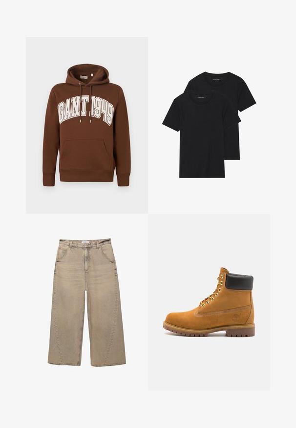 Barna pamut kapucnis pulóver kenguru zsebbel, húzózsinóros kapucnival és fehér "GANT 1949" felirattal az elején. Bordázott mandzsetta és szegély.; Két fekete pamut póló, rövid ujjú, kerek nyakkivágással és sima textúrával, egymásra rakva bemutatva.; PULL&BEAR MEGA BAGGY - Túlméretezett farmernadrág - light grey; Barna velúr bokacipő fekete párnázott gallérral, arany fém fűzőlyukakkal, fehér varrási részletekkel és durva gumitalppal, amelynek kifejezett barázdái vannak.