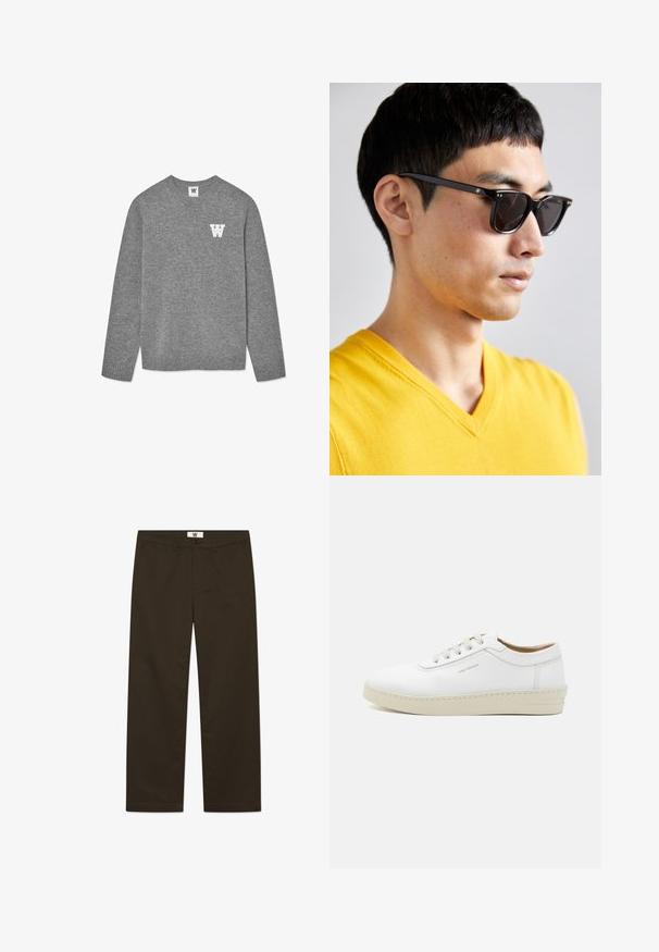 Sivi pleteni pulover z okroglim izrezom in rebrastimi manšetami. Na levem prsnem delu je izvezena bela črka "W". Mehka tekstura.; Rjave bombažne hlače s ravnim krojem, ki imajo sprednje žepke, zapiranje na gumb in oznako na pasu. Gladka tekstura in enotna barva.; Bele usnjene teniske s teksturirano površino, okrogel nos, bež gumijast podplat in šest sivih luknjic za vezalke, s subtilnim logotipom na strani.; Sončna očala z črnimi okvirji in temnimi lečami. Opazne podrobnosti vključujejo majhne zlate akcenti na vpetjih in pravokotno obliko.