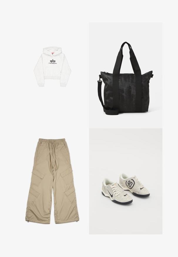 Lys grå cropped hettegenser laget av mykt stoff, med en frontlomme og en svart "Alpha Industries" logo med stiliserte aksenter på brystet.; Beige cargo bukser med snor i taljen, flere sidelommer og en afslappet pasform. Lavet af letvægts, glat stof med syningsdetaljer.; Nike-sko med en beige og grå teksturert overflate, svarte detaljer, en stor "90" logo, og en hvit snøring. Svarte såler.; Svart totebag med teksturert stoff, doble topphåndtak og en avtakbar skulderrem. Har glidelås for sikker oppbevaring.