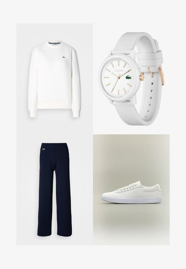 Witte sweatshirt gemaakt van een katoenmix, met een ronde halslijn, geribde manchetten en een klein groen logo op de borst. Soepele textuur.; Navyblauwe wijde broek met een zachte textuur, voorzien van een geribde tailleband en een klein groen logo op de voorkant, waardoor een schone uitstraling wordt benadrukt.; Lage witte leren sneaker met witte veters en een getextureerde witte zool, weergegeven in profiel tegen een eenvoudige neutrale achtergrond.; Witte siliconen horloge met een gestructureerde band, featuring een ronde wijzerplaat, gouden markers en een groene Lacoste-logo.