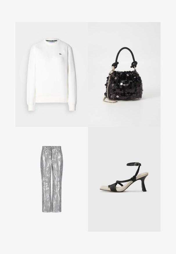 Biała bluza z bawełnianej mieszanki, z okrągłym dekoltem, ściągaczami na rękawach i małym zielonym logo na klatce piersiowej. Gładka tekstura.; Srebrne spodnie haftowane liściastym wzorem, o prostym kroju, z gładką, błyszczącą fakturą. Funkcjonalne kieszenie i zapięcie na guzik.; Czarne sandały na obcasie z plecionym paskiem, kwadratowym noskiem i regulowanym paskiem na kostkę. Jasnobeżowa wkładka z błyszczącym czarnym obcasem.; Czarna mini torebka z cekinami, z węzłowym, teksturowanym paskiem i srebrnym łańcuchem. O zaokrąglonym kształcie z marszczoną górą i refleksyjnymi detalami.