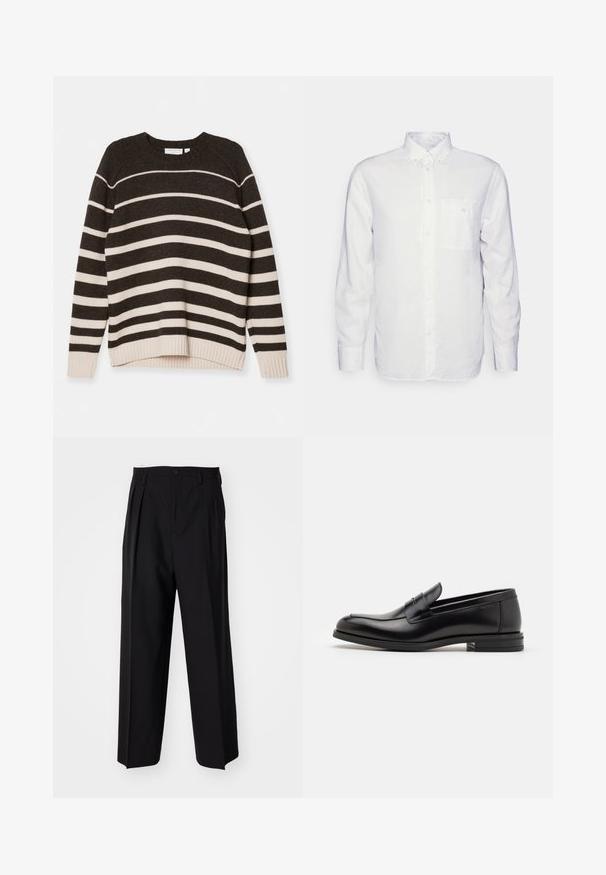 Juostuotas megztinis su tamsiai rudomis ir grietinėlės spalvos horizontaliosiomis juostomis, apvalia kaklo linija, tekstūruotomis rankovėmis ir apačia, turintis laisvą siluetą.; Ilga rankovė balta marškiniai pagaminti iš medvilnės, su mygtukų užsegimu, priekinę kišenę ir įprastą siluetą. Tekstūruota medžiaga su lygiu paviršiumi.; Juodi klostuoti kelnių, su tiesiu, plačiu kojų dizainu. Pagaminti iš lygios medžiagos, su mygtukų uždarymu ir diržo kilputėmis.; Juodos odinės loafers, turinčios lygų paviršių, apvalią noselę ir dekoratyvinę juostą per priekinę dalį. Žemas krentantis kulnas, minimalistinis dizainas.