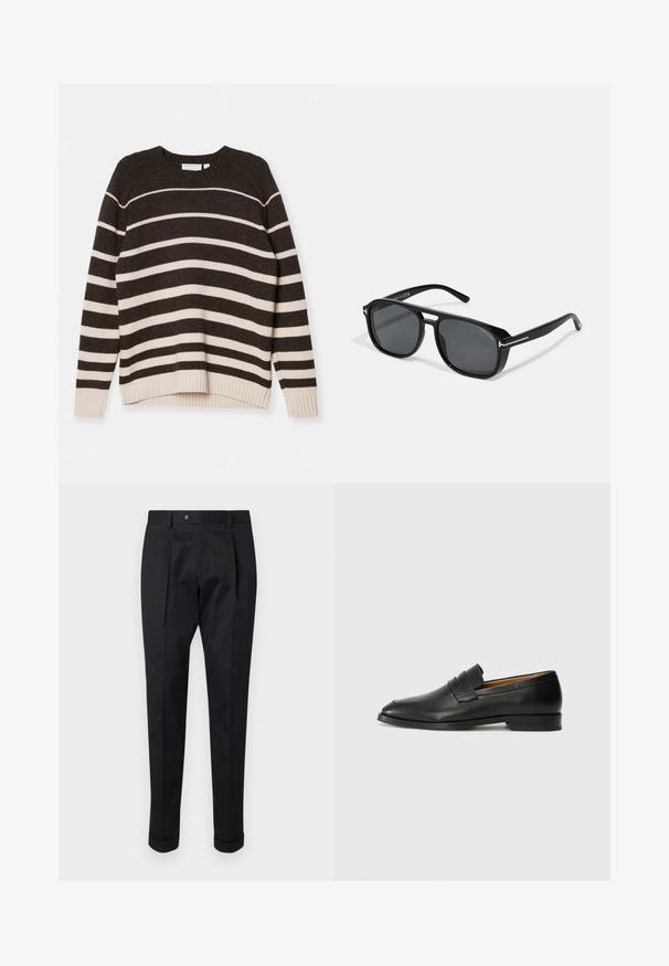 Csíkos pulóver sötétbarna és krémszínű vízszintes csíkokkal, kerek nyakkal, bordázott ujjakon és alján, laza fazonnal.; Fekete nadrág sima anyagból, elöl hajtással, gombos záródással és felgöngyölt szárakkal a bokánál.; Fekete bőr mokaszin, kerek orral, diszkrét varrásokkal és alacsony sarokkal, sima felülettel és minimalista dizájnnal.; Fekete négyzet alakú napszemüveg szürke lencsékkel, elegáns arany részletekkel a szárakon és matt felületű kerettel a korszerű megjelenés érdekében.