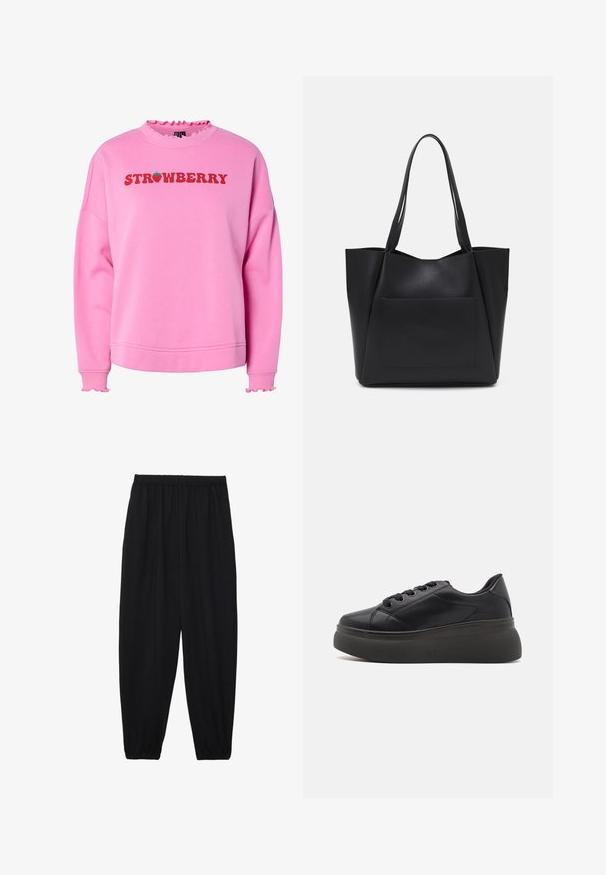 Rózsaszín pulóver fodros nyakkal és mandzsettával, amelyen vastag piros betűkkel a "EPER" felirat, felette zöld eper grafika található.; Fekete, könnyű nadrág elasztikus derékkal és ráncolt bokákkal. Az anyag sima és laza, szűkített dizájnnal rendelkezik.; Fekete sneaker sima, szintetikus felsőrésszel, lekerekített orral és hat fűzőlyukkal. Vastag, textúrált talppal rendelkezik a tapadás és a támasz érdekében.; Fekete vászontáska sima szintetikus anyagból, két hosszú fogantyúval és elülső zsebbel. Nyitott tetejű, szögletes kialakítással.