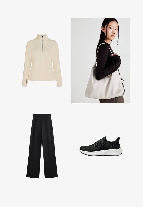Pullover in pile beige con colletto alto, zip frontale a metà e zip nera con marchio. Presenta il logo "Polartec" sulla manica. Texture liscia.; Pantaloni neri a gamba larga realizzati in un tessuto morbido, dotati di una vita alta e due tasche con zip, con cuciture sottili lungo i lati.; Scarpa atletica nera con tomaia in tessuto testurizzato, sistema di lacci e una suola intermedia bianca. Presenta un profilo basso e un design della suola curvato.; Borsa a mano beige realizzata in materiale morbido, caratterizzata da un design morbido, dettagli cuciti e due manici. Adatta per l'uso quotidiano.
